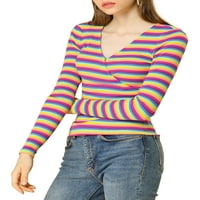 Benzersiz pazarlık kadın Çizgili Gökkuşağı Üst ince uzun kollu örgü renkli tişört