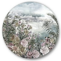 Designart 'Soyut Retro Çiçekler Deniz Kenarında' Vintage Daire Metal Duvar Sanatı-Disk 36