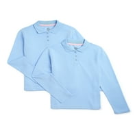 Wonder Nation Kız Okul Üniforması Uzun Kollu Kilitli Polo Gömlek, 2'li Paket, Beden 4-18