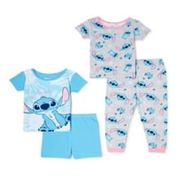 Lilo & Stitch Bebek ve Yürümeye Başlayan Kız T-Shirt, Kısa ve Pantolon Pijama Takımı, 4'lü, Beden 12M-4T