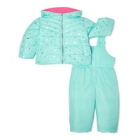Pembe Platin Bebek Yürümeye Başlayan Kız Çiçek Kış Ceket Ceket ve Kar Pantolon Önlük, 2 Parçalı Set