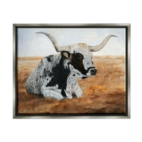 Aptal Longhorn Sığır Çayır Portre Hayvanlar ve Böcekler Boyama Gri Şamandıra Çerçeveli sanat Baskı Duvar Sanatı