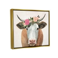 Stupell Sanayi Bahar Çiçek Taç Çiftlik İnek Boynuzları ile Metalik Altın Çerçeveli Yüzen Tuval Duvar Sanatı, 24x30