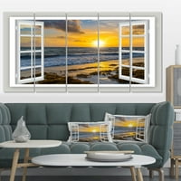 Designart 'Parlak Sarı Gün Batımına Açık Pencere' Modern Deniz Manzarası Tuval Resmi