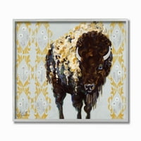 Stupell Industries Altın Buffalo Hayvan Desen Gri Boyama Çerçeveli Duvar Sanatı Stephanie Aguilar