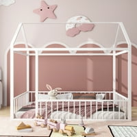 Aukfa Metal Ev Yatağı, Çocuklar için Çitli İkiz Platform Yatağı - Beyaz