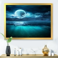 Designart 'Derin Mavi Denizin Üzerinde Romantik Ay ve Bulutlar II' Deniz ve Kıyı Çerçeveli Sanat Baskısı