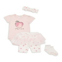 Bebek Petit Lem Yenidoğan Kız Ruffled Kısa Kollu Bodysuit, Skeggings, Kafa Bandı ve Çorap, Kıyafet Seti