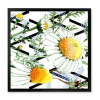 Geometrik çizgiler üzerinde vahşi bahar papatya çiçekleri çerçeveli resim tuval sanat baskı