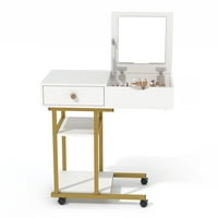 Yoneston Modern Makyaj Masası Flip Top Hareketli Kare Tuvalet makyaj masası Ev için Tekerlekli, Beyaz Altın
