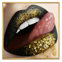 Designart 'kadın dudaklar siyah ruj ve altın payetler' Modern çerçeveli tuval duvar sanatı baskı