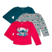 Lilo & Stitch Girls Uzun Kollu Grafik ve Düz Renk Tişörtler, 3'lü Paket, 4'lü Beden ve Artı