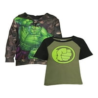 Hulk Yürümeye Başlayan Çocuk Yüceltilmiş fermuarlı kapüşonlu kıyafet ve Tişört Seti, Boyutları 2T-5T