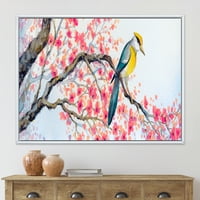 Designart 'Güzel Pembe Kuş Çiçekli Şube Üzerinde Oturan I' Geleneksel Çerçeveli Tuval Duvar Sanatı Baskı